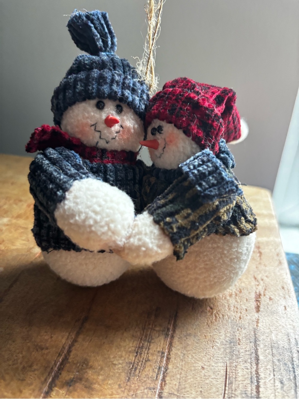 Holiday Snowman Couple Plush Ornament - Blue & Red handmade